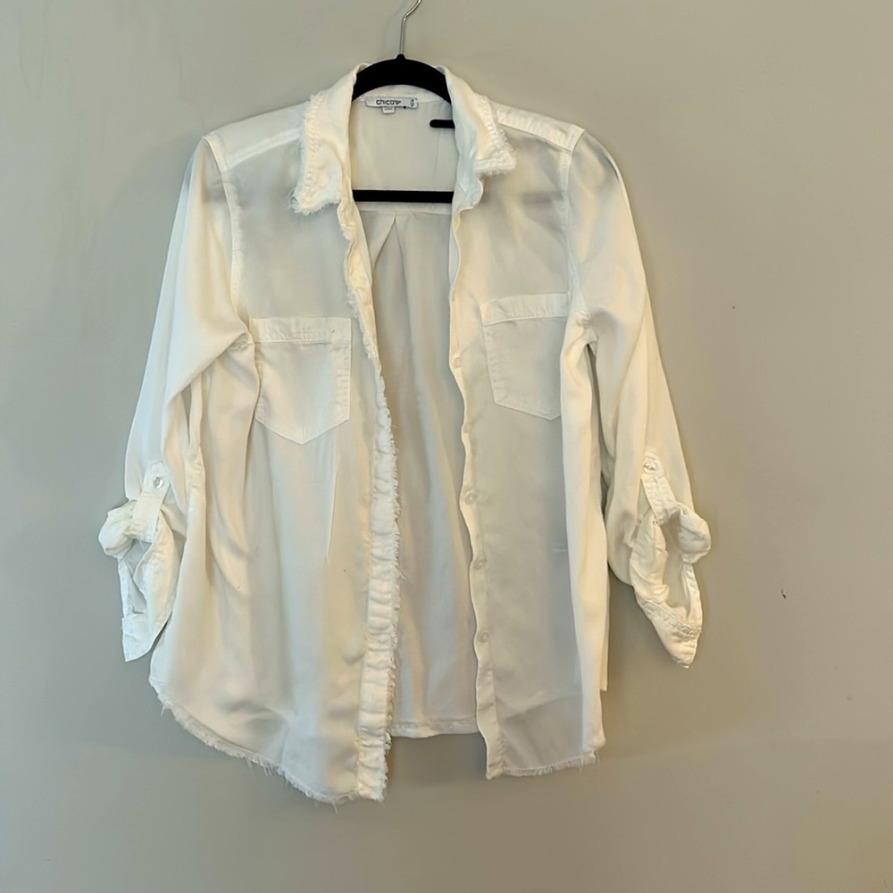 Chico’s Lendzing Fringe- hemmed- Front pockets - roll-tab sleeves white shirt - Picture 2 of 11